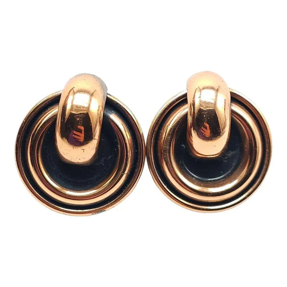 Renoir Round Earrings Black Enamel Copper Clip Mid Century Vintage - Picture 1 of 6